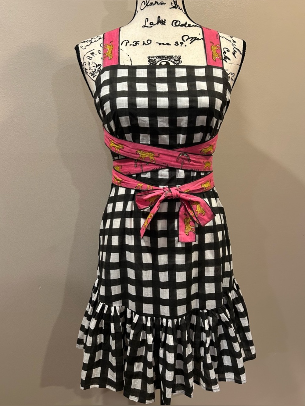Mo Maya Luna Check and Leopard Print Strap Square Neckline Sleeveless Mini Dress - Picture 11 of 16